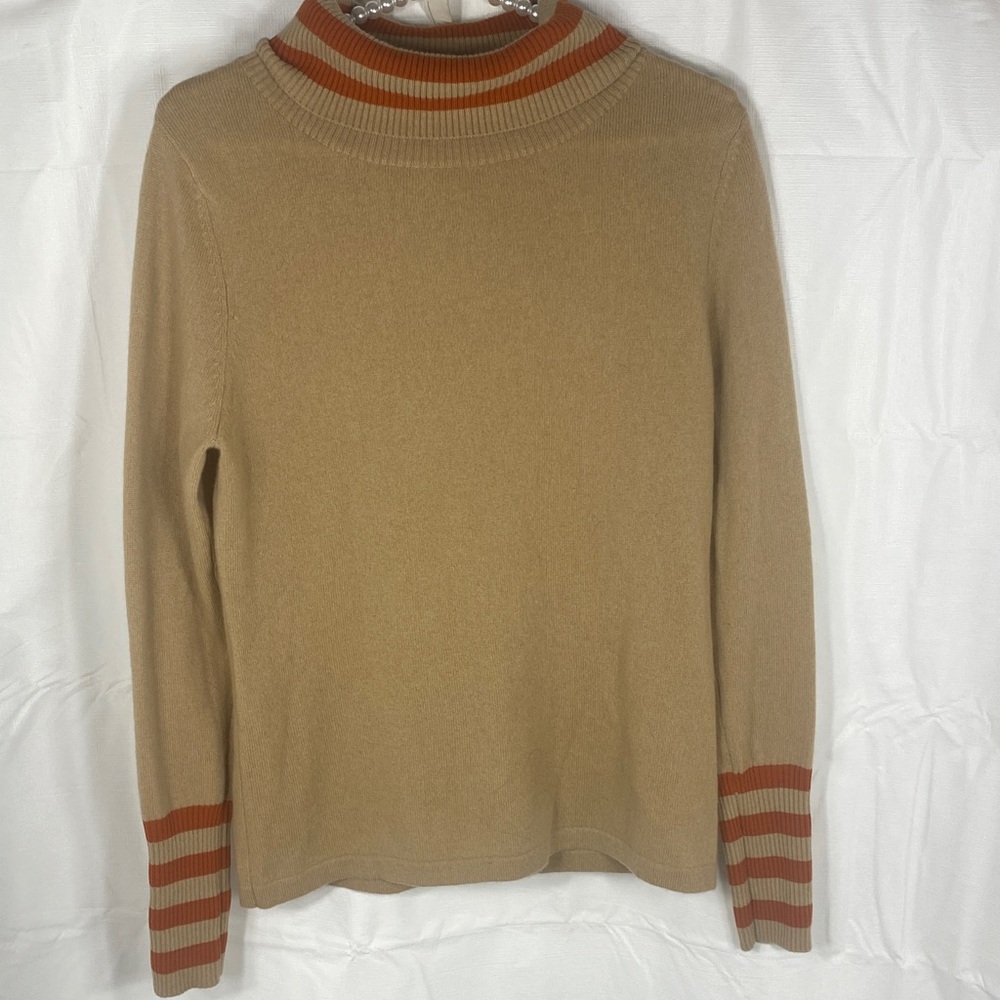KIER + J Camel Sweater with Rust Stripes 100% cashmere
